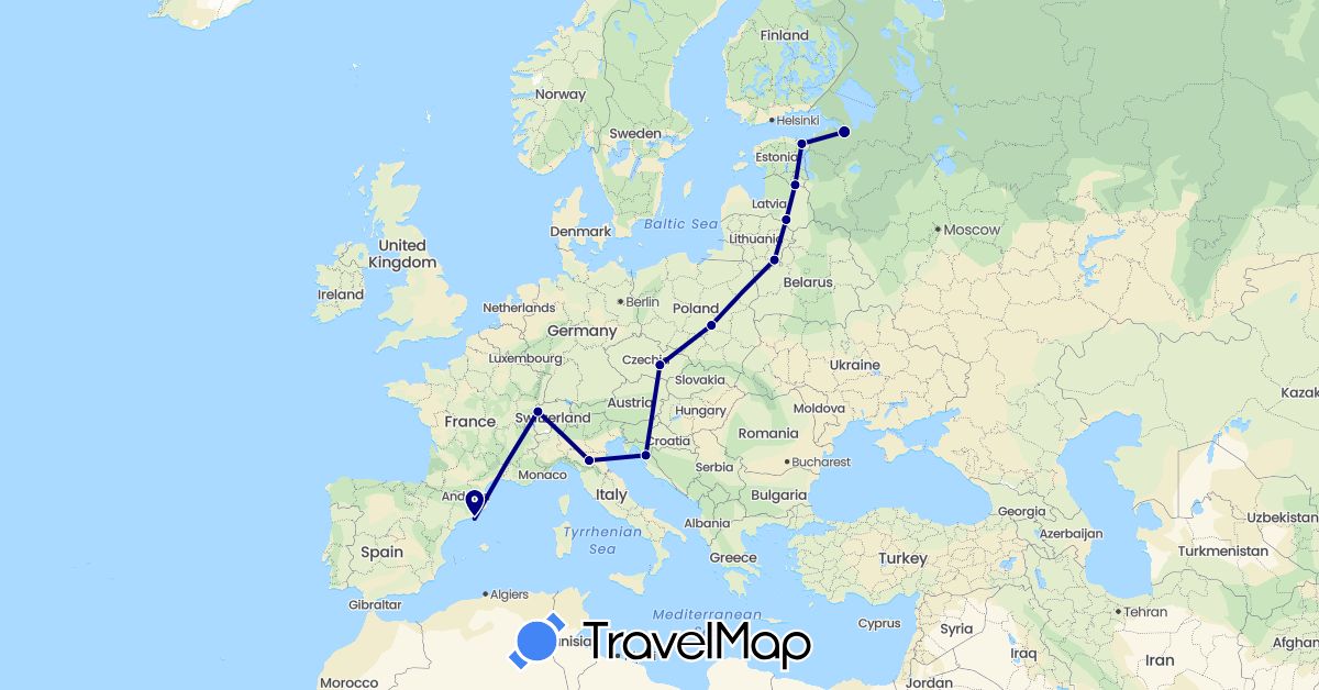TravelMap itinerary: driving in Estonia, Spain, Croatia, Lithuania, Russia (Europe)